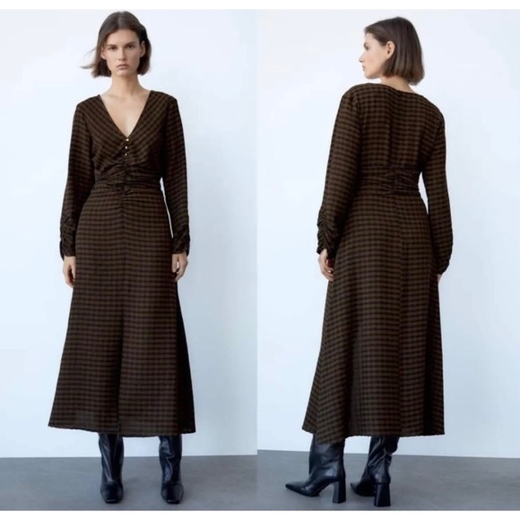 Zara textured checked draped midi dress in brown - Picture 2 of 11